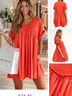 Free People Oversized Coral Orange Babydoll Mini Dress